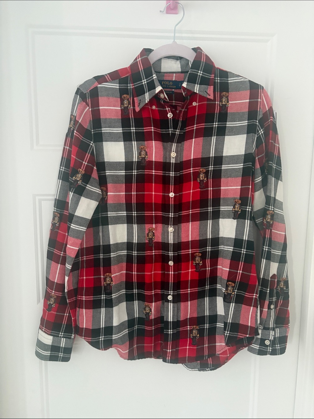 Polo by Ralph Lauren Red Black White Plaid Button-Up Shirt with Embroidered Bear